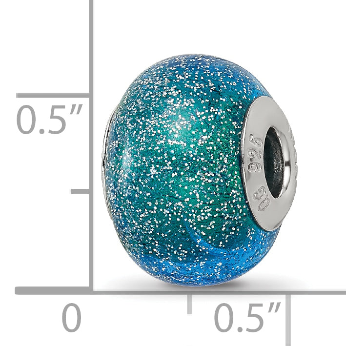 Sterling Silver 925 Glass Bead with Blue & Teal Glitter Sophisticated Polished Finish