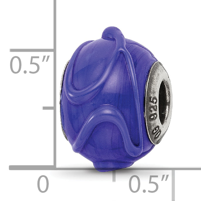 Sterling Silver 925 Glass Bead with Textured Dark Blue Finish