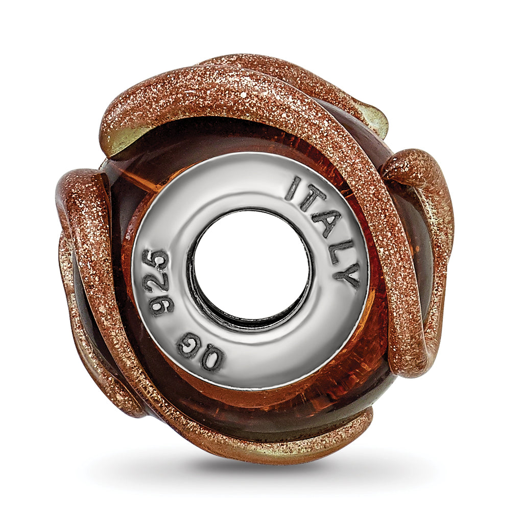 Sterling Silver 925 Italian Glass Bead with Textured Brown Design