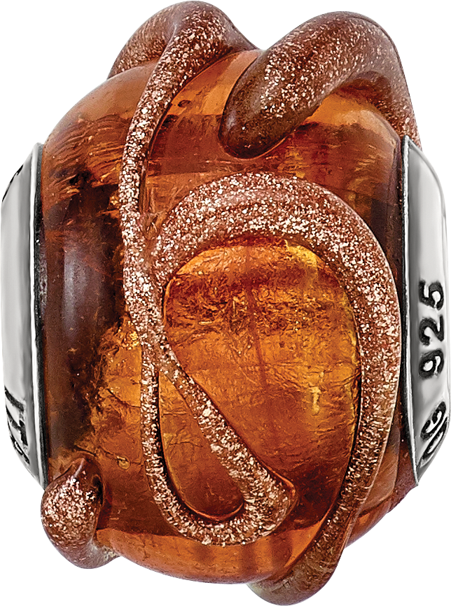 Sterling Silver 925 Italian Glass Bead with Textured Brown Design