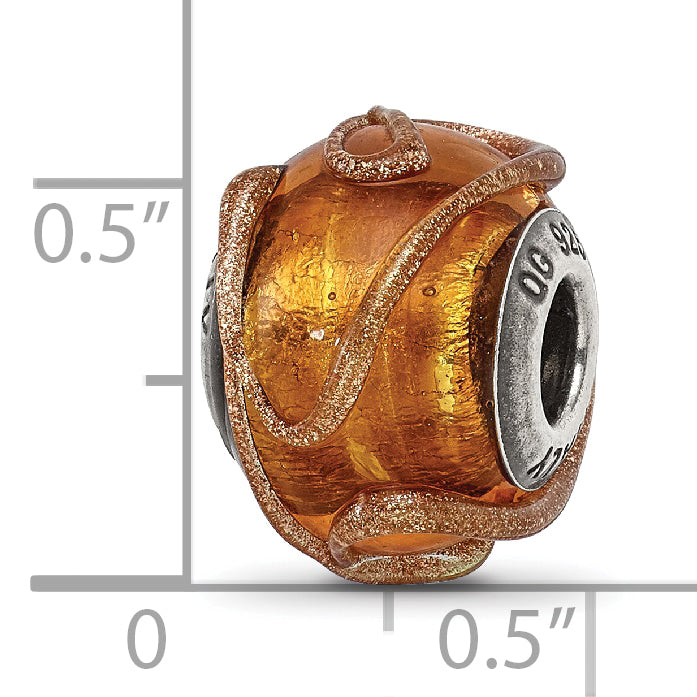 Sterling Silver 925 Italian Glass Bead with Textured Brown Design