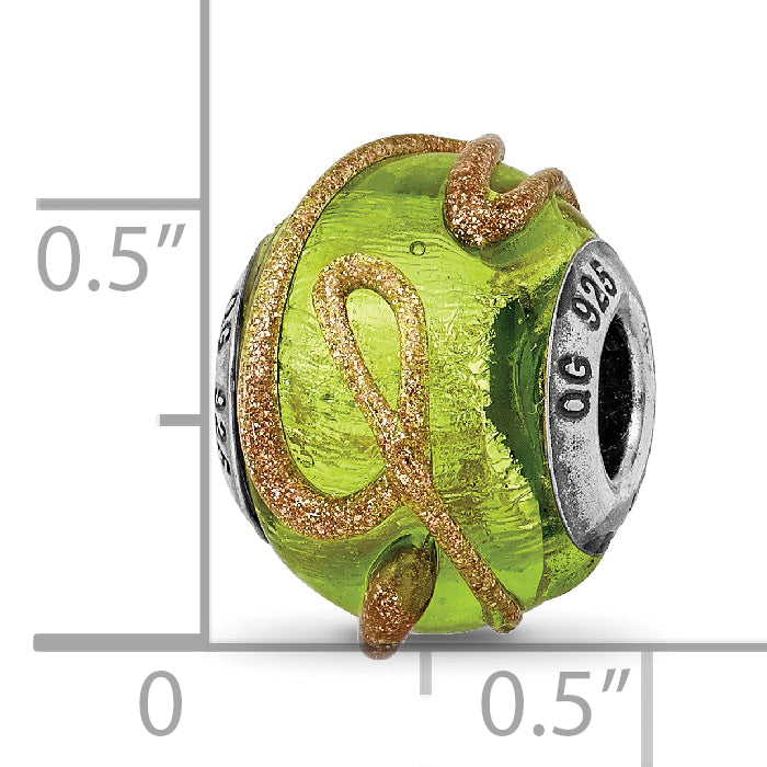 Sterling Silver 925 Glass Bead with Textured Light Green Design Polished Finish