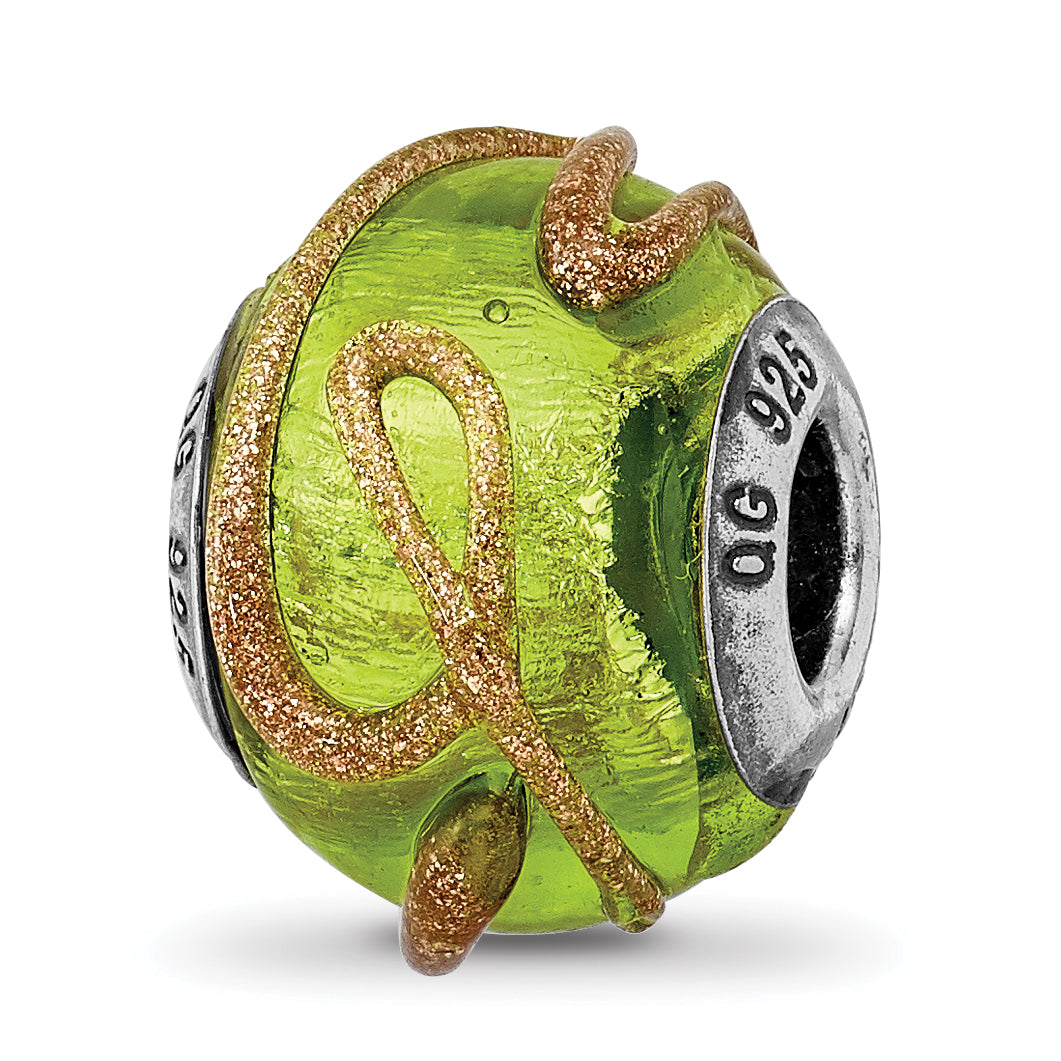 Sterling Silver Reflections Italian Light Green w/Textured Lines Glass Bead Main image