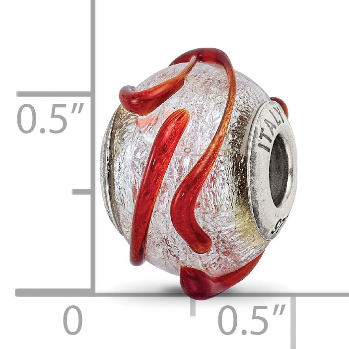 Sterling Silver 925 Glass Bead with Brown Textured Line Polished Finish