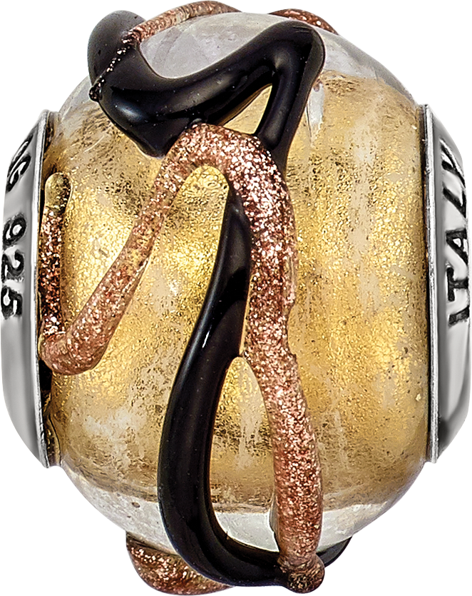 Sterling Silver 925 Glass Bead with Polished Yellow, Black, and Brown Lines Elegant Charm