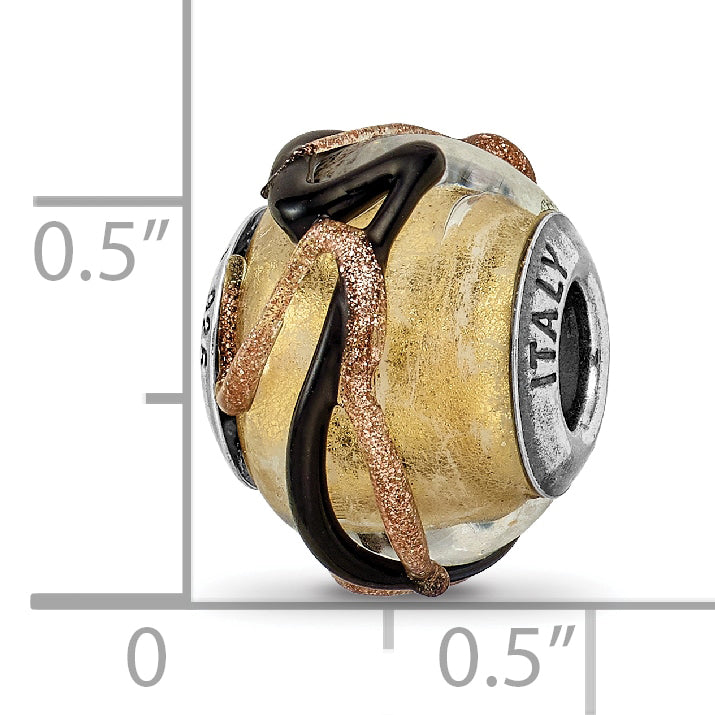 Sterling Silver 925 Glass Bead with Polished Yellow, Black, and Brown Lines Elegant Charm