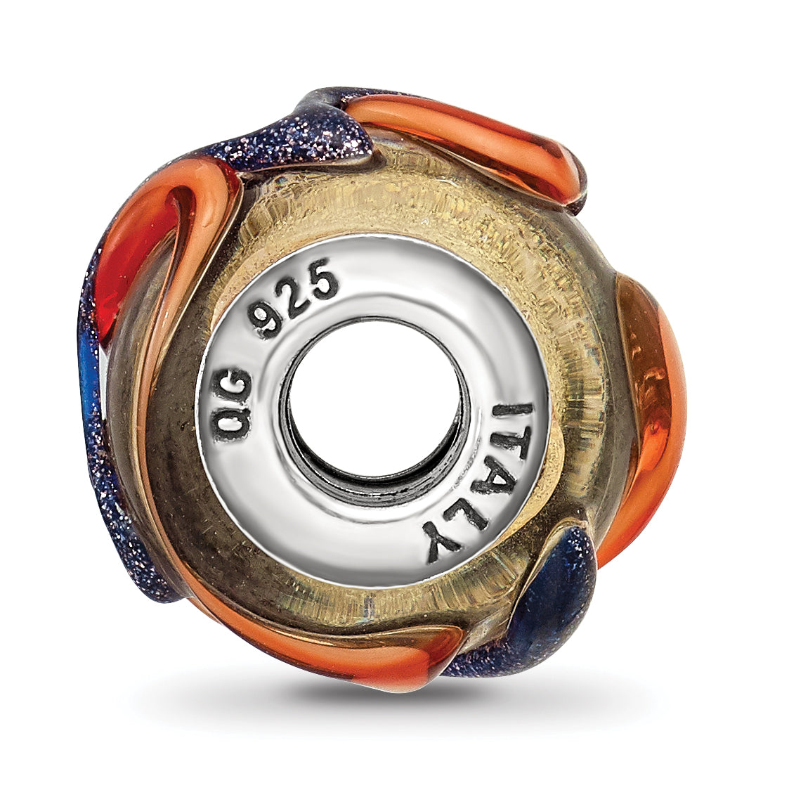 Sterling Silver 925 Polished Glass Bead with Vibrant Yellow Blue/Orange Lines Secondary image