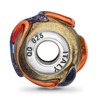 Sterling Silver 925 Polished Glass Bead with Vibrant Yellow Blue/Orange Lines