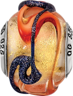 Sterling Silver 925 Polished Glass Bead with Vibrant Yellow Blue/Orange Lines