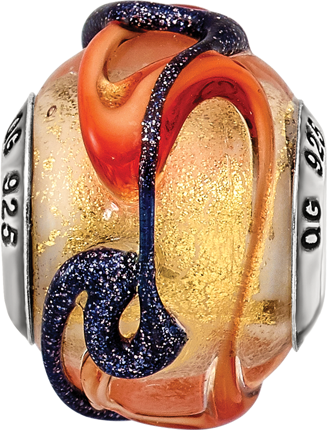 Sterling Silver 925 Polished Glass Bead with Vibrant Yellow Blue/Orange Lines