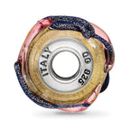 Sterling Silver Glass Bead with Yellow Blue Lines Polished Finish