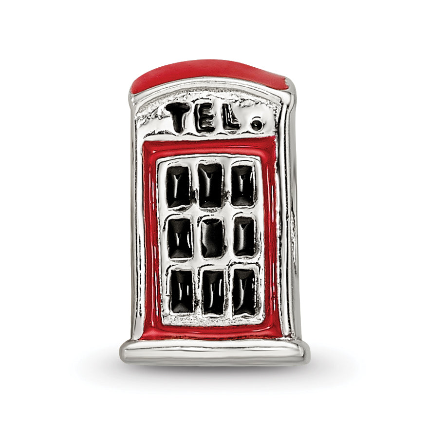 Sterling Silver 925 Enameled Telephone Booth Bead, Vintage-Inspired Solid Charm