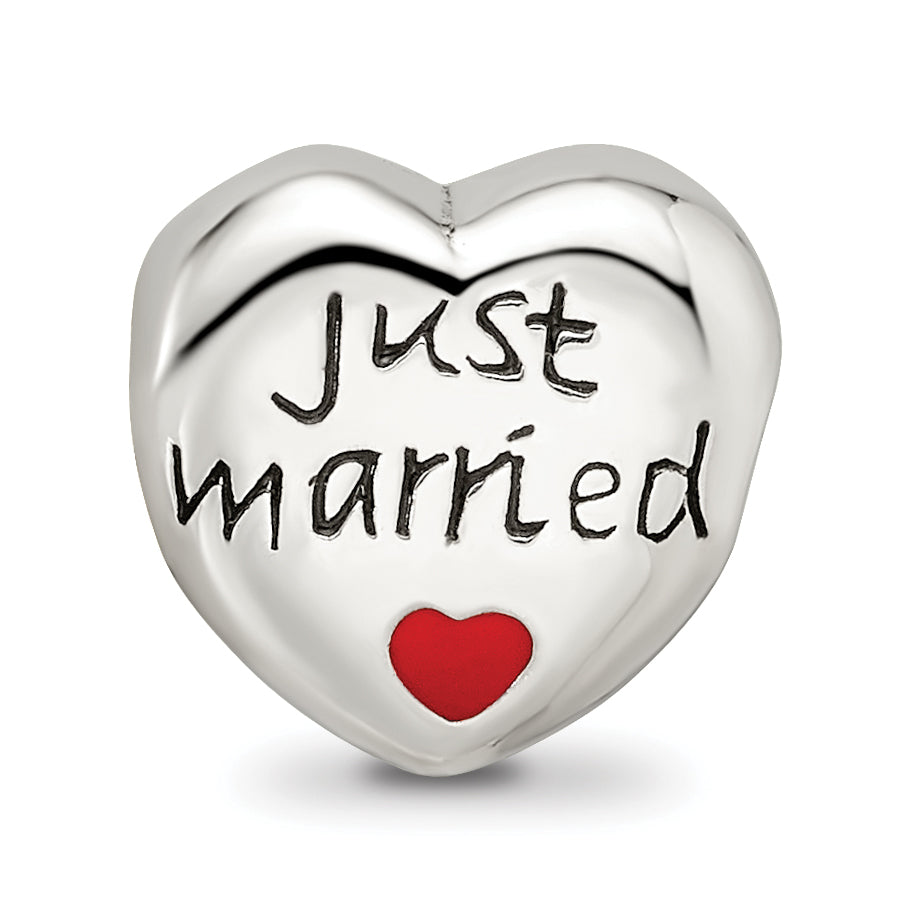 Sterling Silver 925 Just Married Heart Bead with Enamel Accents