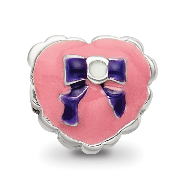 Sterling Silver 925 Kids Enameled Heart Bead with Pink Bow Detail