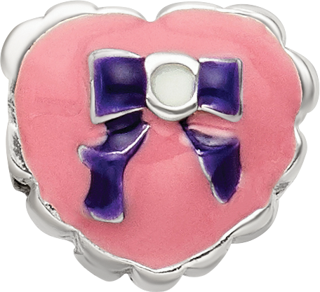 Sterling Silver 925 Kids Enameled Heart Bead with Pink Bow Detail