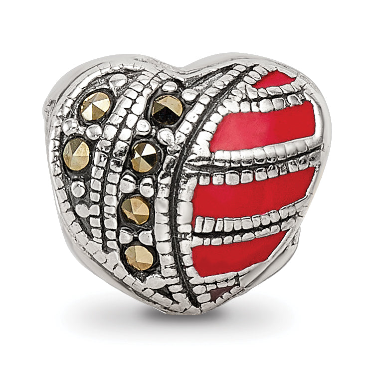 Sterling Silver 925 Marcasite & Enameled Heart Bead Vintage Charm Elegance