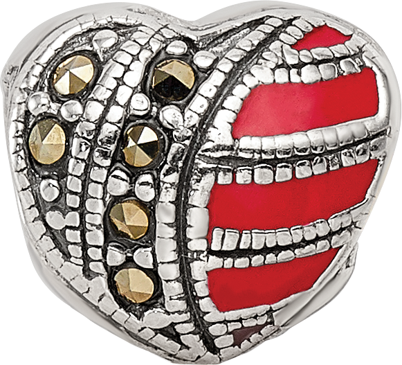 Sterling Silver 925 Marcasite & Enameled Heart Bead Vintage Charm Elegance