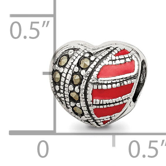 Sterling Silver 925 Marcasite & Enameled Heart Bead Vintage Charm Elegance