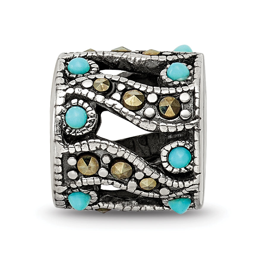 Sterling Silver Marcasite & Turquoise Bead with 12 Stones Elegant Finish