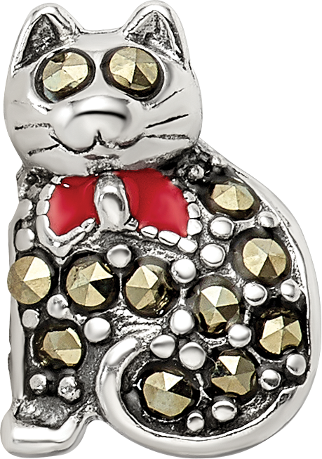 Sterling Silver Reflections Marcasite & Enameled Cat Bead