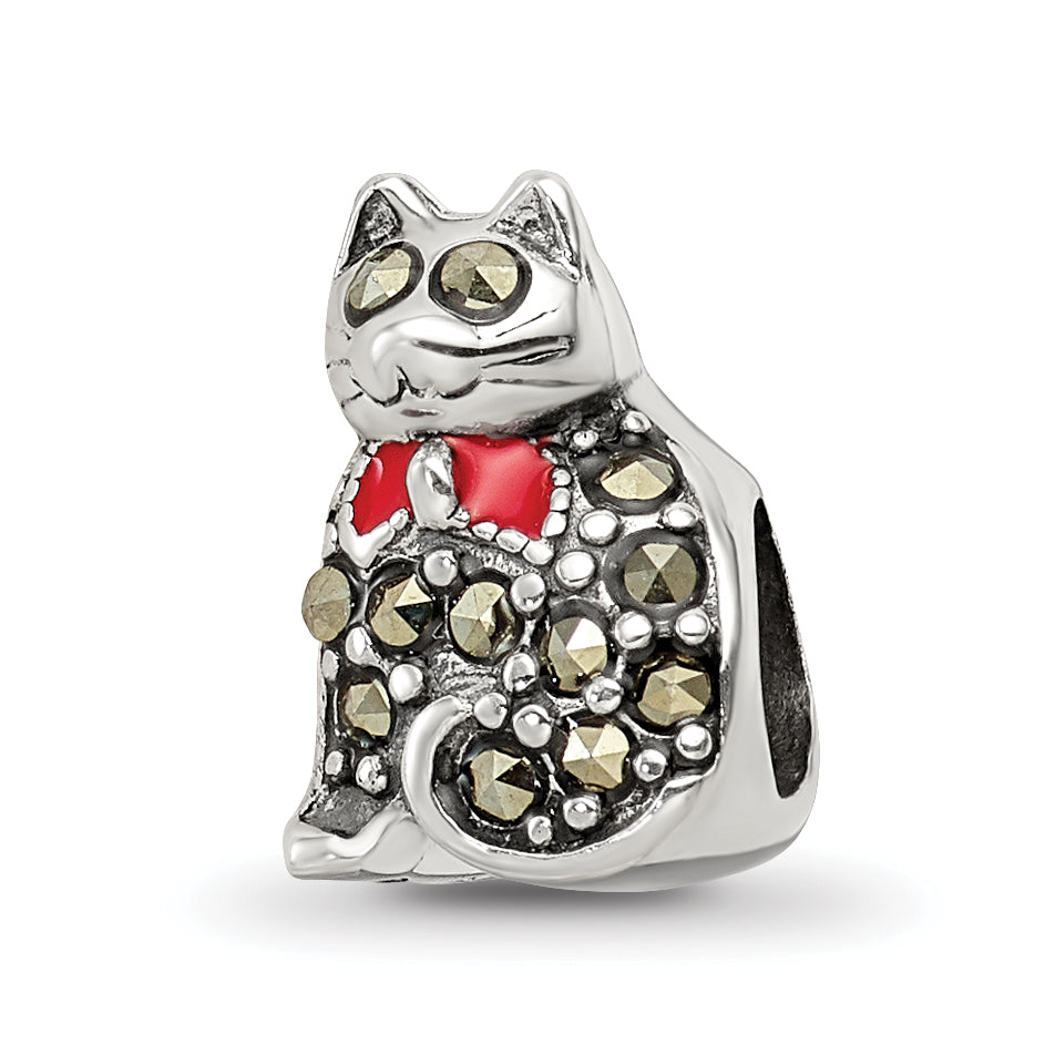Sterling Silver Reflections Marcasite & Enameled Cat Bead