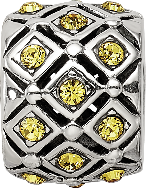 Sterling Silver 925 Bead with Yellow Crystal, Solid Casted Design