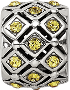 Sterling Silver 925 Bead with Yellow Crystal, Solid Casted Design