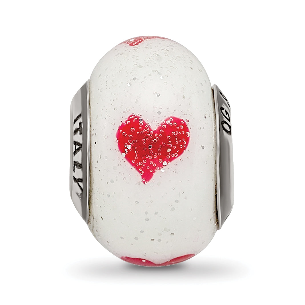 Sterling Silver 925 Heart Glass Bead Elegant White Reflective Design