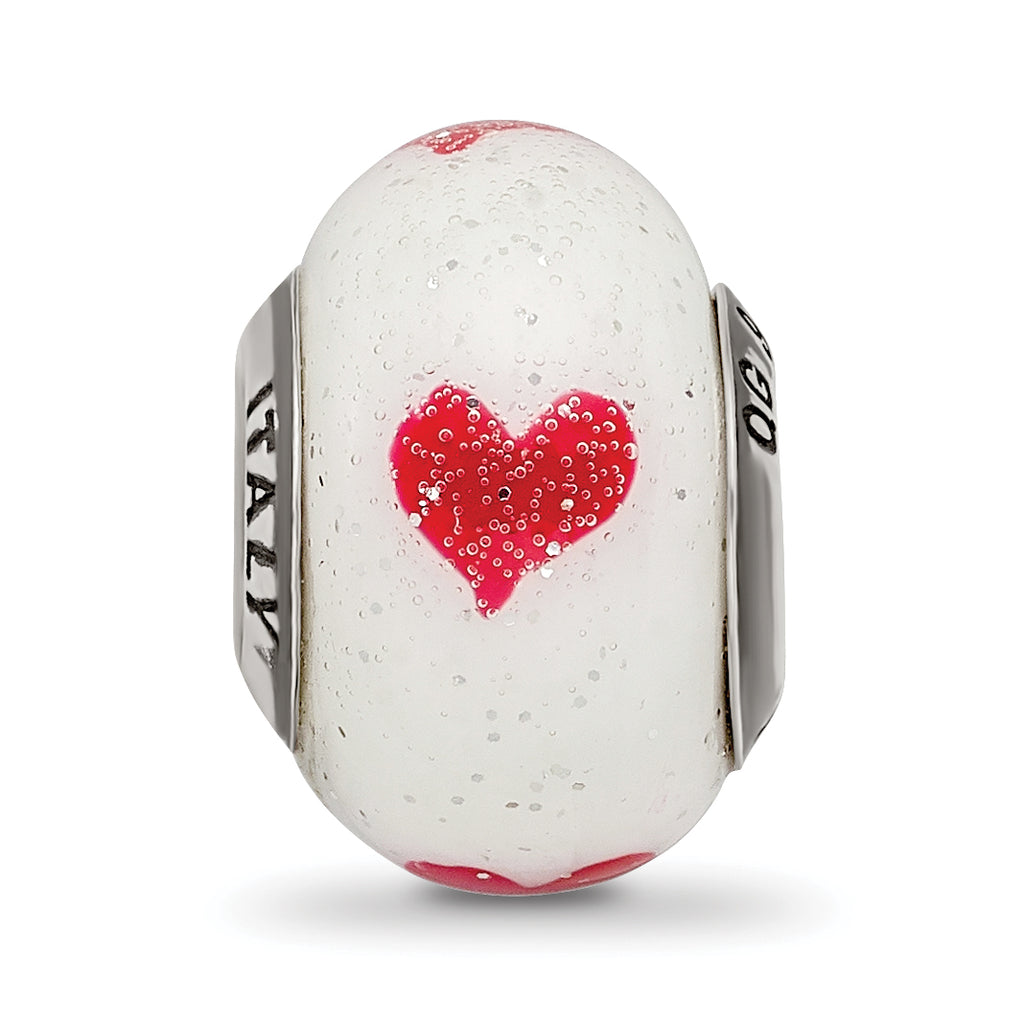 Sterling Silver 925 Heart Glass Bead Elegant White Reflective Design