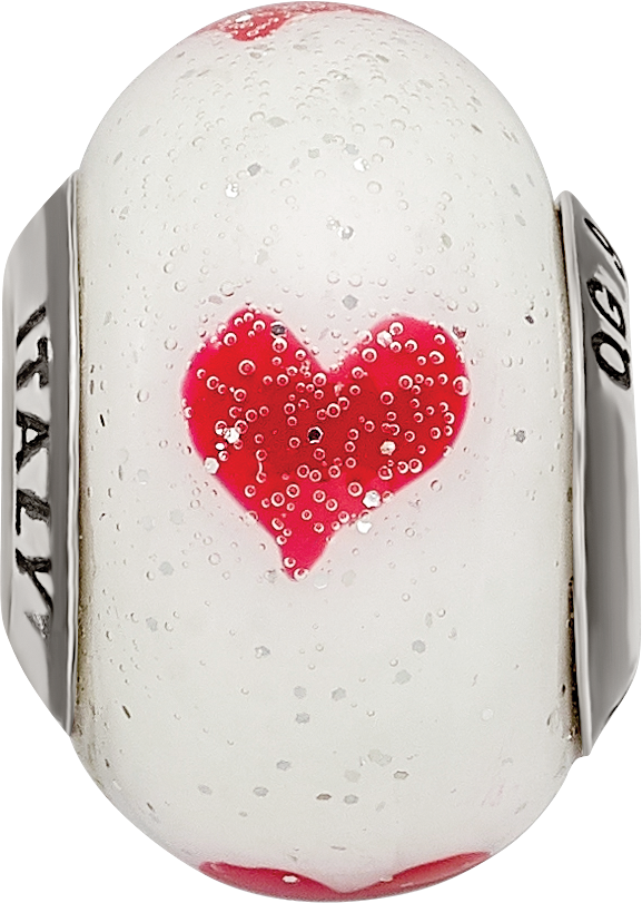Sterling Silver 925 Heart Glass Bead Elegant White Reflective Design