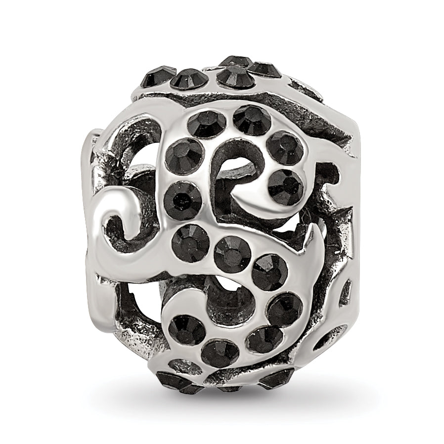 Sterling Silver 925 Bead with Black Preciosa Crystal Swirl Design