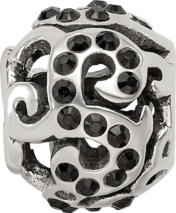 Sterling Silver 925 Bead with Black Preciosa Crystal Swirl Design