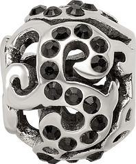 Sterling Silver 925 Bead with Black Preciosa Crystal Swirl Design