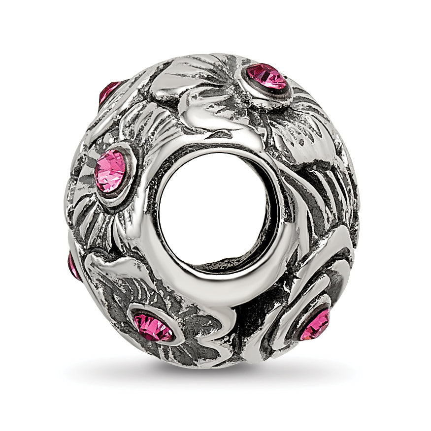 Sterling Silver 925 Pink Crystal Flower Bead with Elegant Casted Design