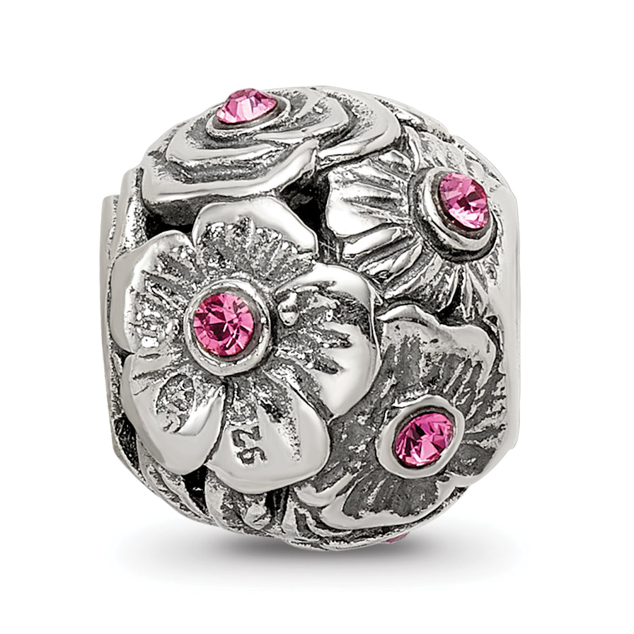 Sterling Silver 925 Pink Crystal Flower Bead with Elegant Casted Design