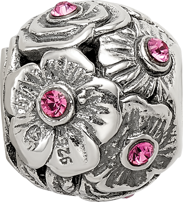 Sterling Silver 925 Pink Crystal Flower Bead with Elegant Casted Design