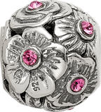 Sterling Silver 925 Pink Crystal Flower Bead with Elegant Casted Design