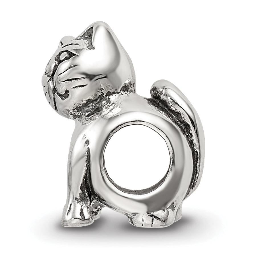 Sterling Silver 925 Antique Cat Bead with Solid Casted Design
