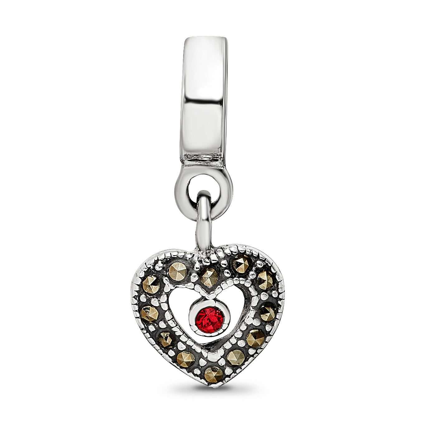 Sterling Silver 925 Marcasite Heart Dangle Bead Elegant Vintage Charm