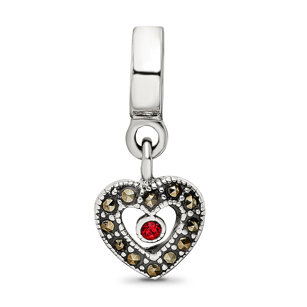 Sterling Silver 925 Marcasite Heart Dangle Bead Elegant Vintage Charm