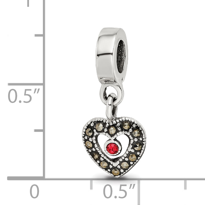 Sterling Silver 925 Marcasite Heart Dangle Bead Elegant Vintage Charm