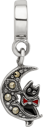 Sterling Silver 925 Marcasite Cat & Moon Dangle Bead Vintage-Inspired Charm