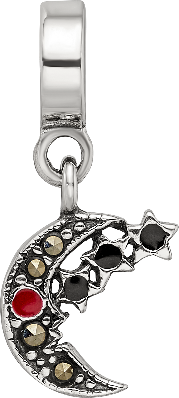 Sterling Silver 925 Marcasite Moon & Stars Dangle Bead Vintage Elegant Charm