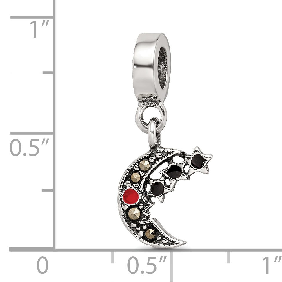 Sterling Silver 925 Marcasite Moon & Stars Dangle Bead Vintage Elegant Charm