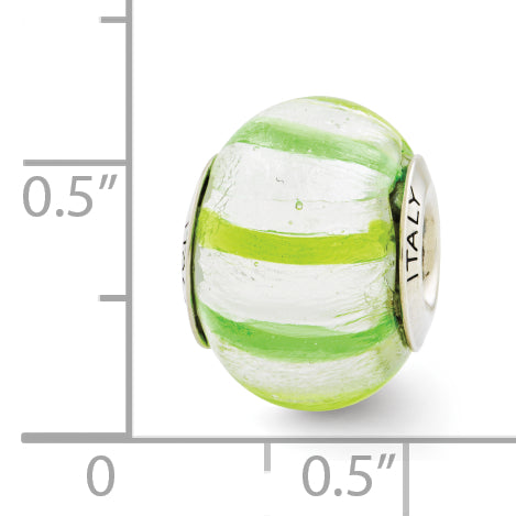 Sterling Silver Murano Glass Bead in Light/Dark Green  Elegant 925 Jewelry