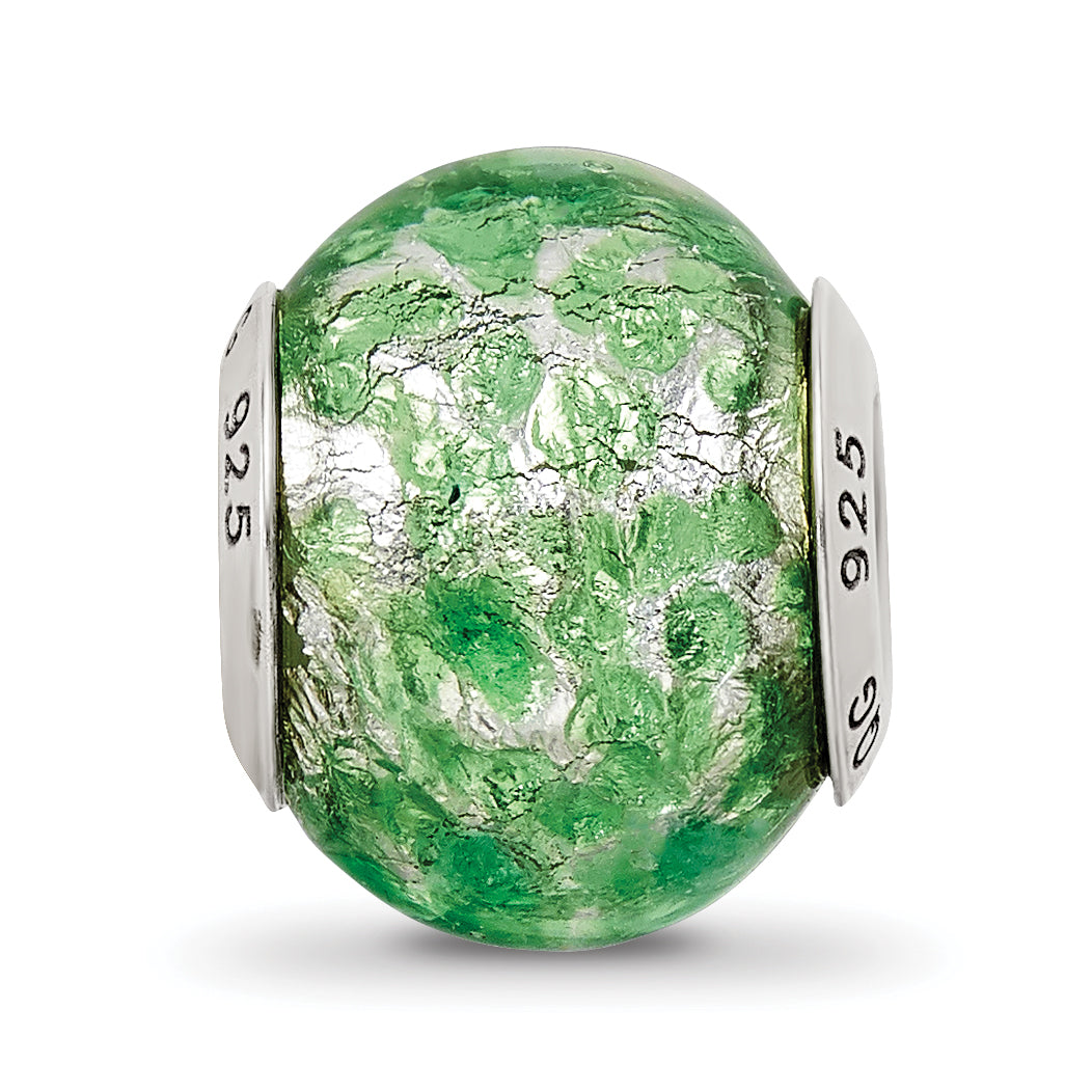 Sterling Silver 925 Murano Glass Bead with Green and White Design