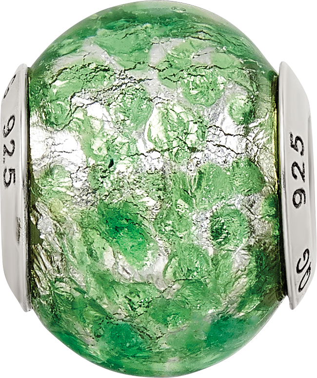 Sterling Silver 925 Murano Glass Bead with Green and White Design