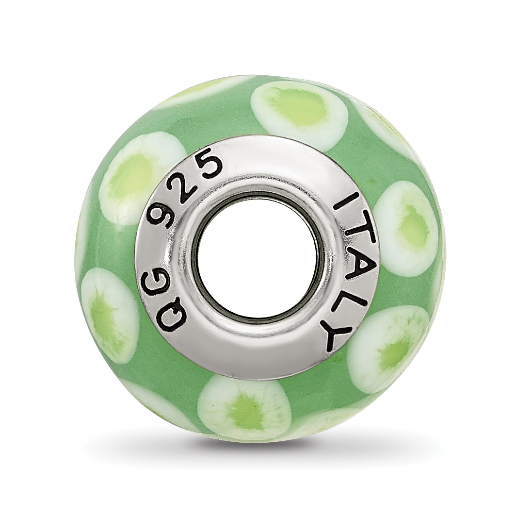Sterling Silver Reflections Green/White Italian Murano Glass Bead