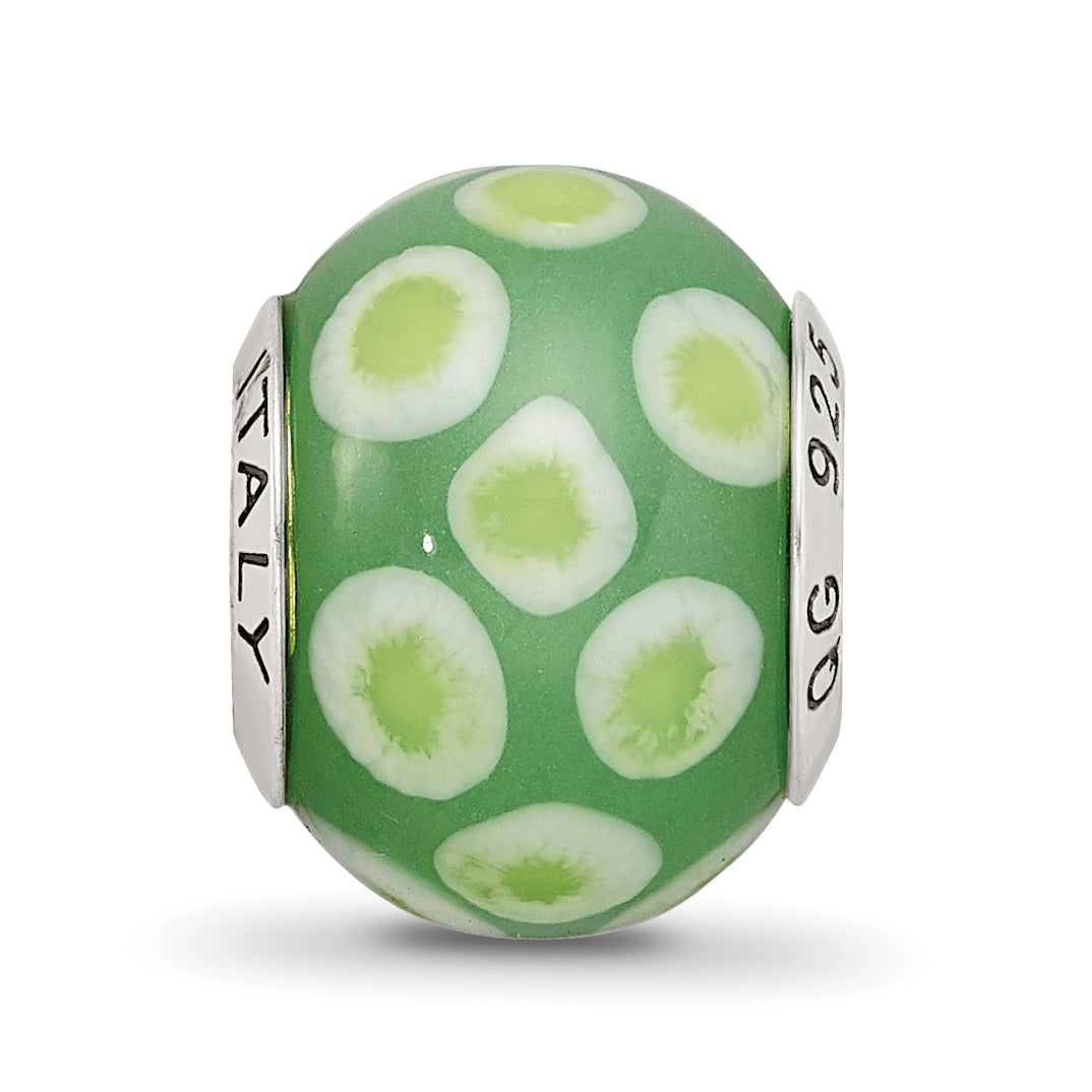Sterling Silver 925 Murano Glass Bead with Green/White Design Elegant Charm