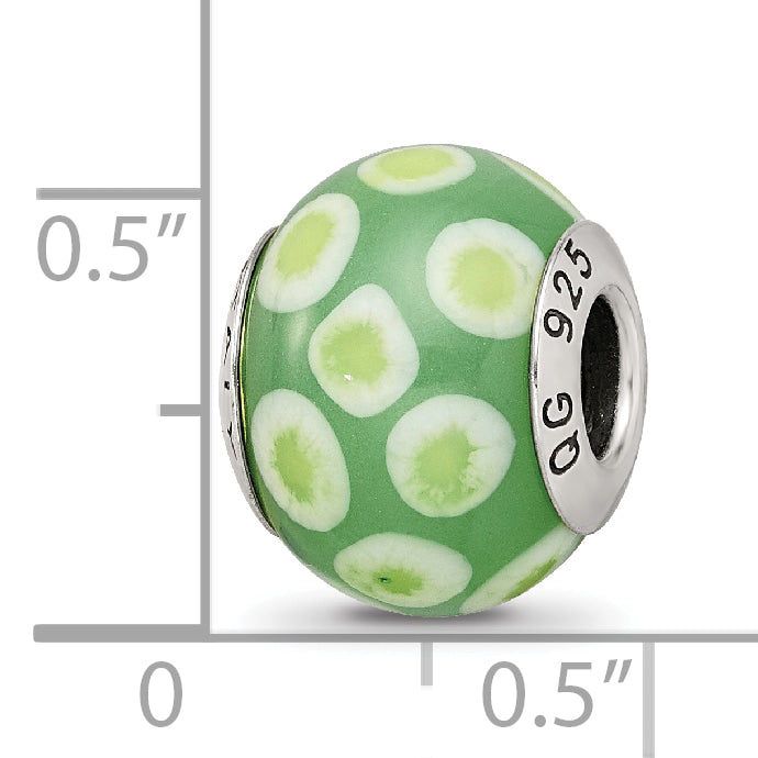Sterling Silver 925 Murano Glass Bead with Green/White Design Elegant Charm